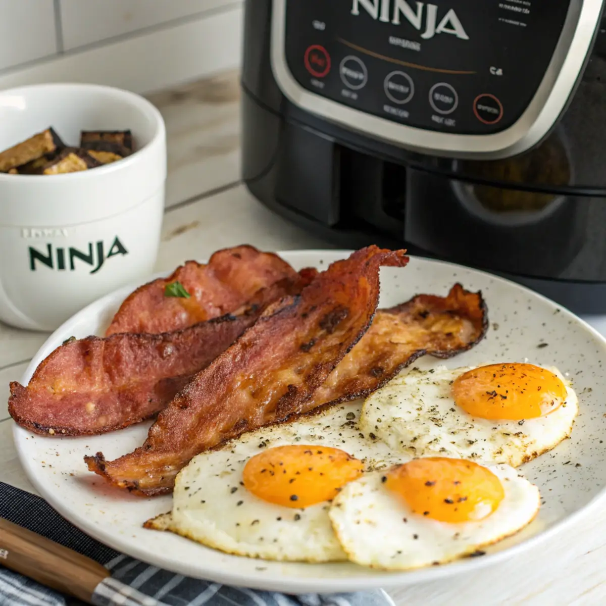 Air-Fried Bacon and Eggs cooked in ninja air fryer