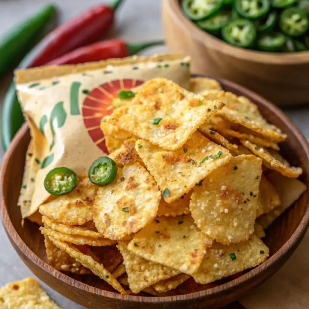 What were the jalapeno chips in the 90s? Crispy jalapeno chips garnished with fresh herbs and sliced peppers.