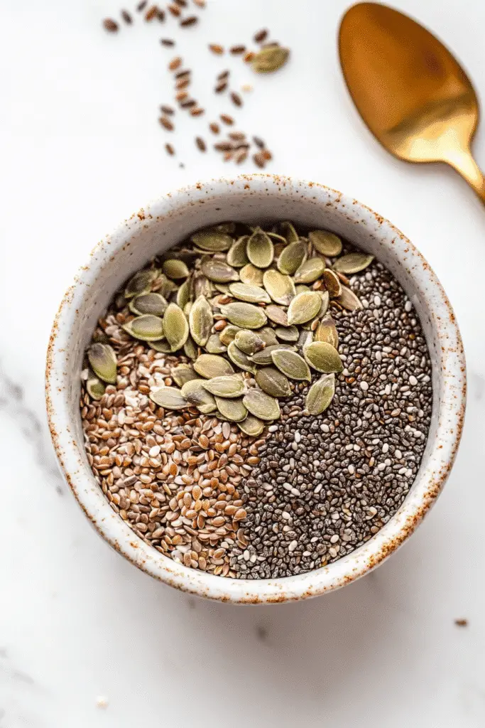 Top view of dry bariatric seed trick blend with gold spoon