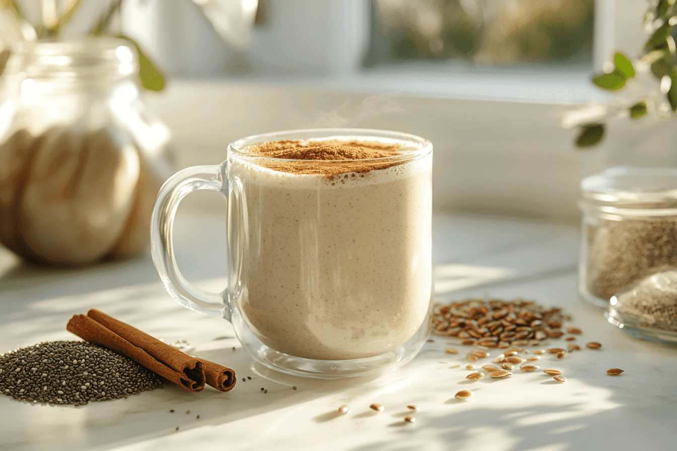 Bariatric seed trick drink in glass mug with seeds on marble countertop