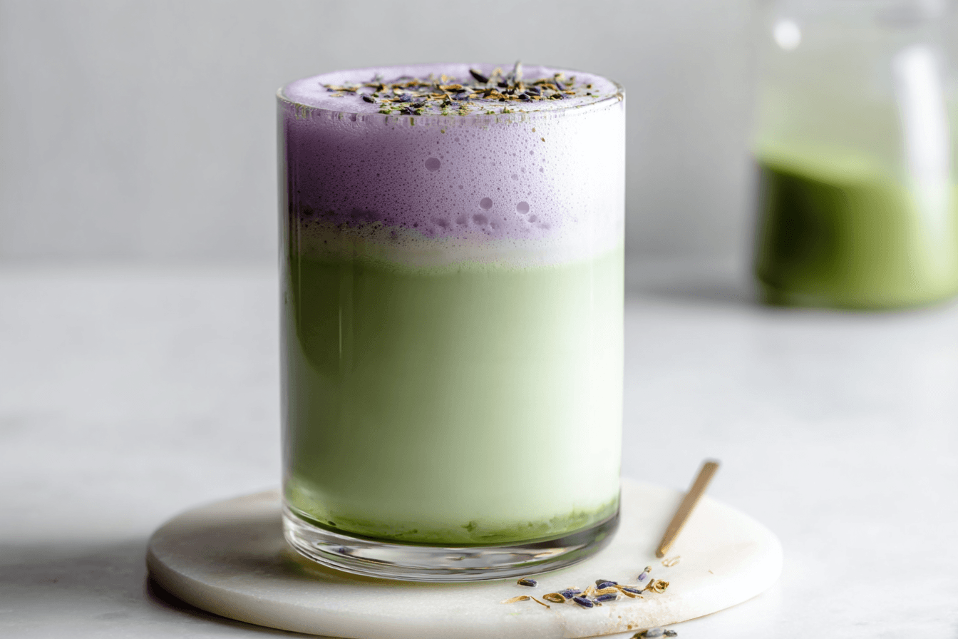 Lavender matcha latte recipe in a glass mug with frothy lavender foam