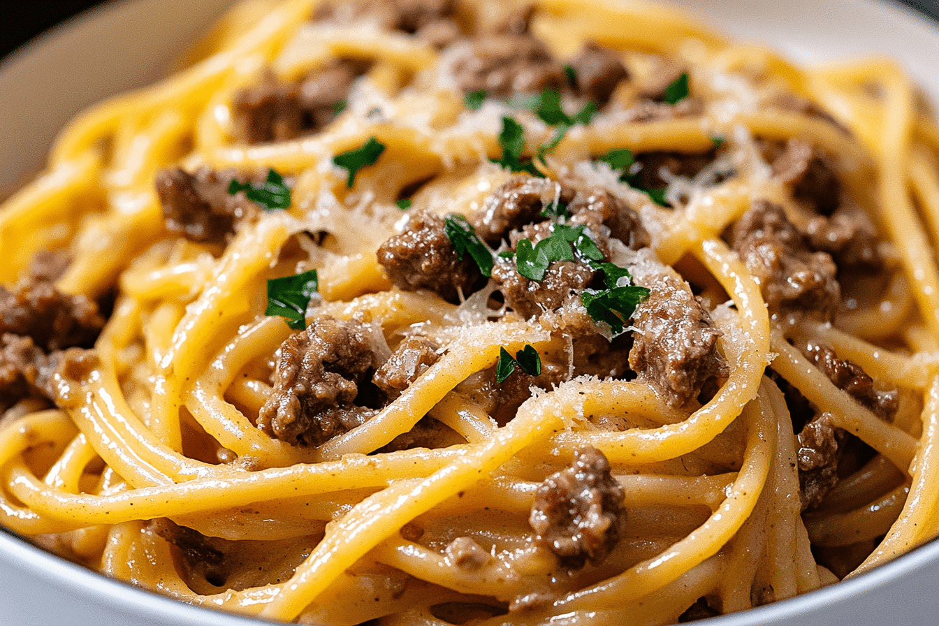One pot creamy beef and garlic butter pasta in a white bowl