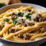 One pot creamy beef and garlic butter pasta recipe card