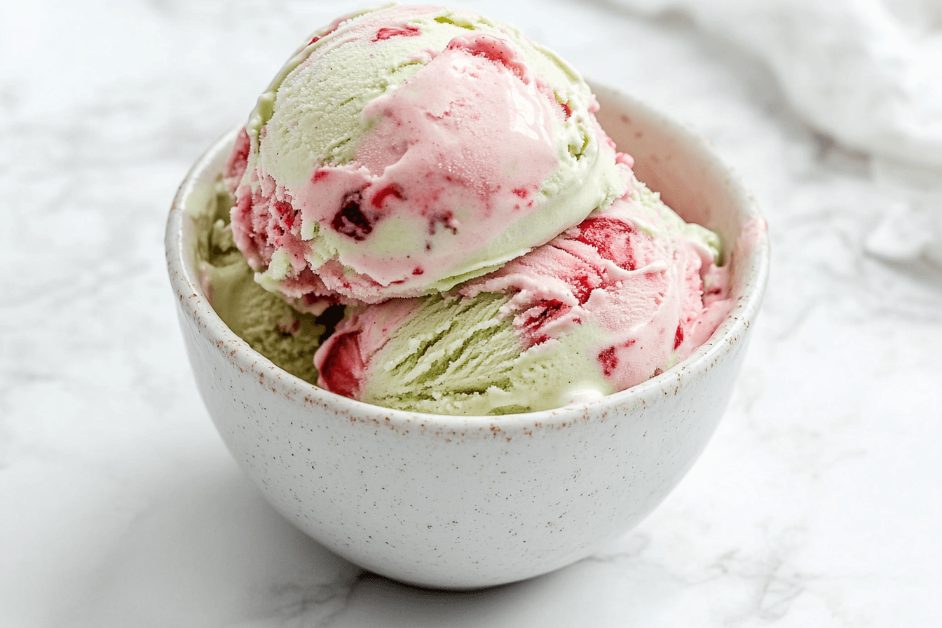 Strawberry matcha ice cream with pink and green swirl in a white bowl