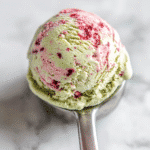 Strawberry matcha ice cream scoops with recipe card layout