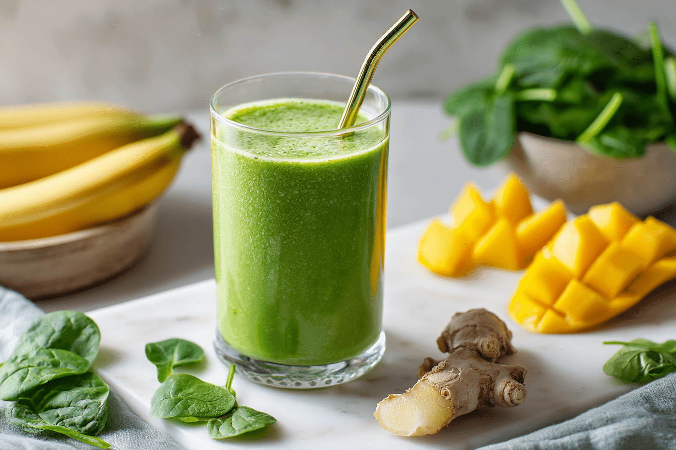 Detox Island Green Smoothie in glass with tropical ingredients