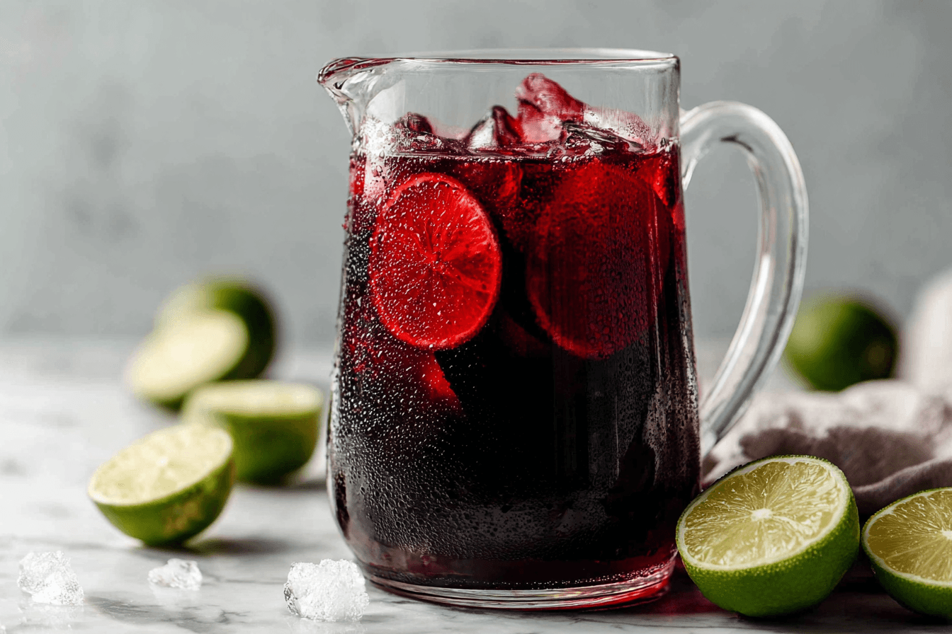 Glass pitcher of Mexican hibiscus tea on marble counter