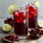 Two glasses of iced Mexican hibiscus tea with lime and dried hibiscus petals