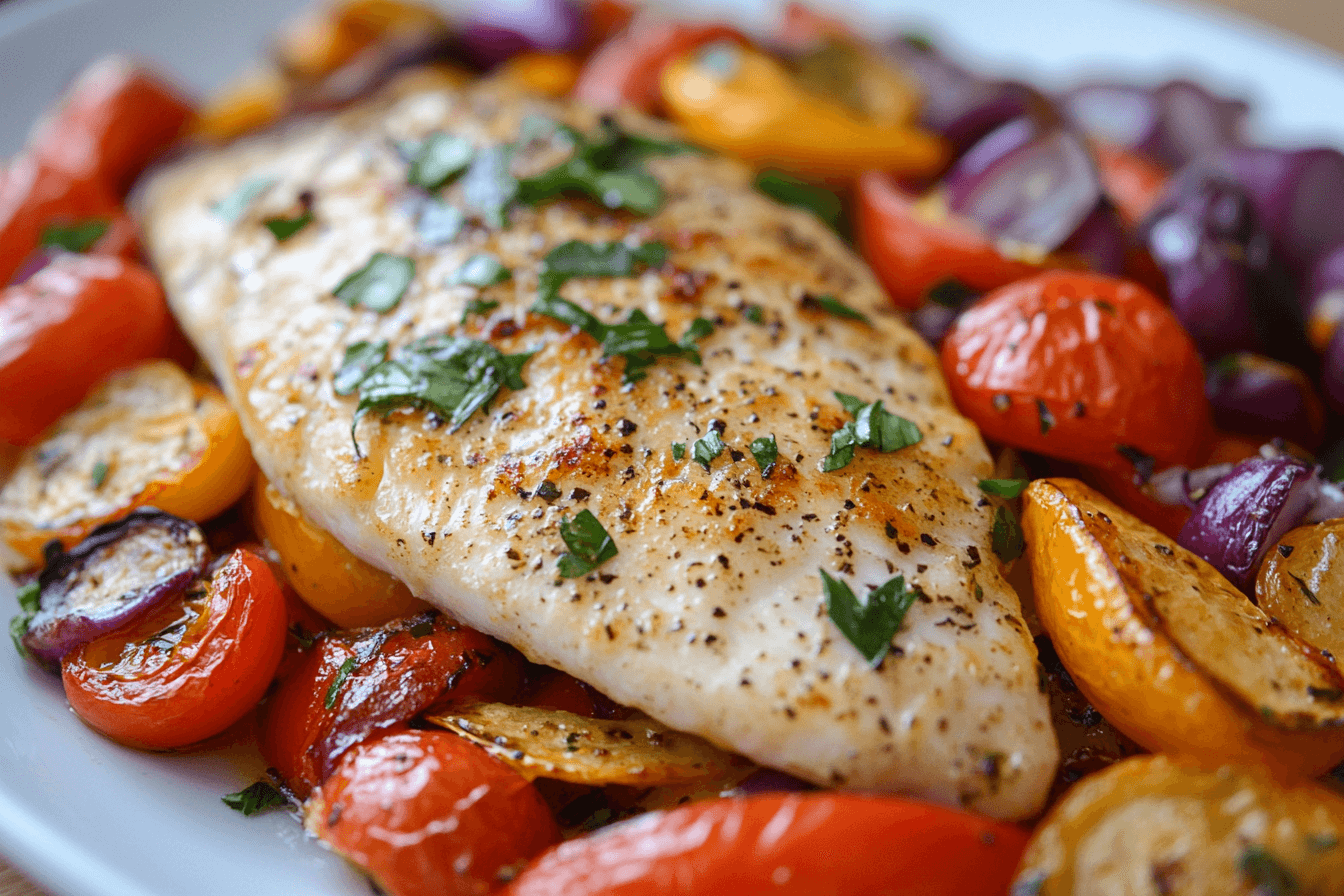Baked Basa with Roasted Vegetables