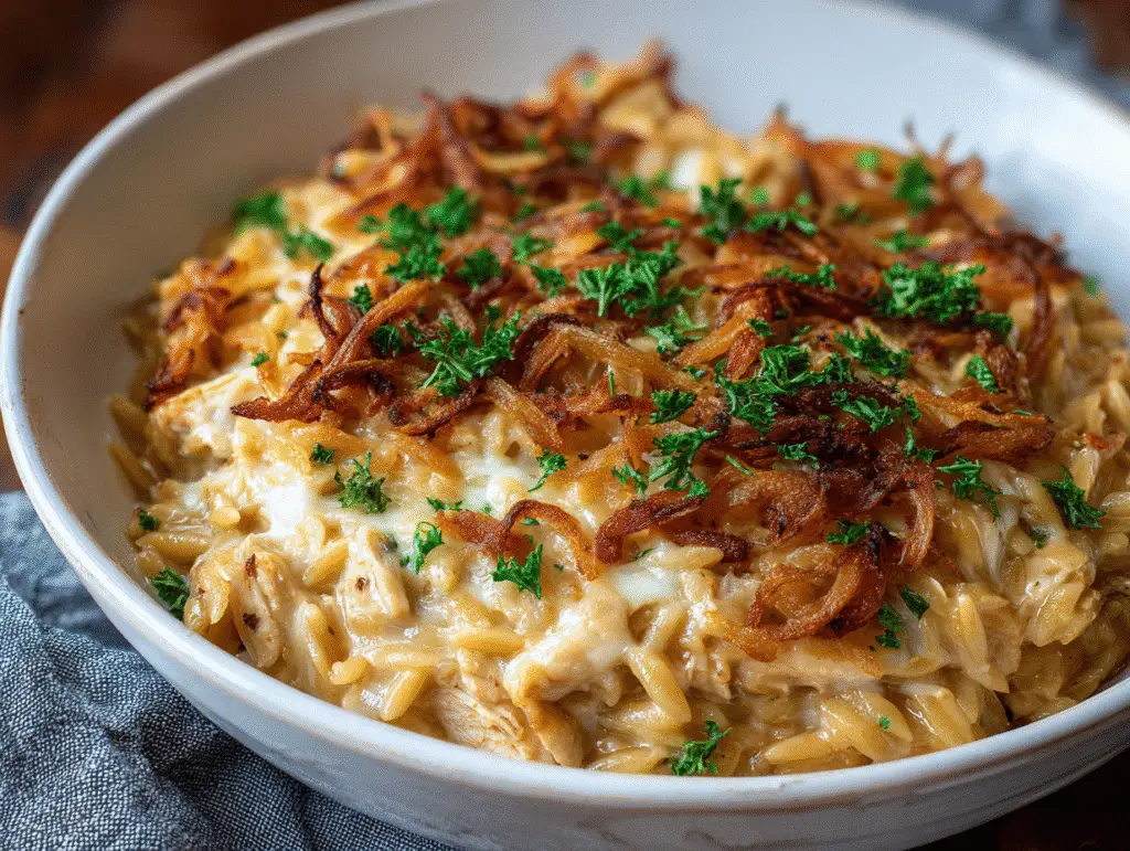 French Onion Chicken Orzo Casserole