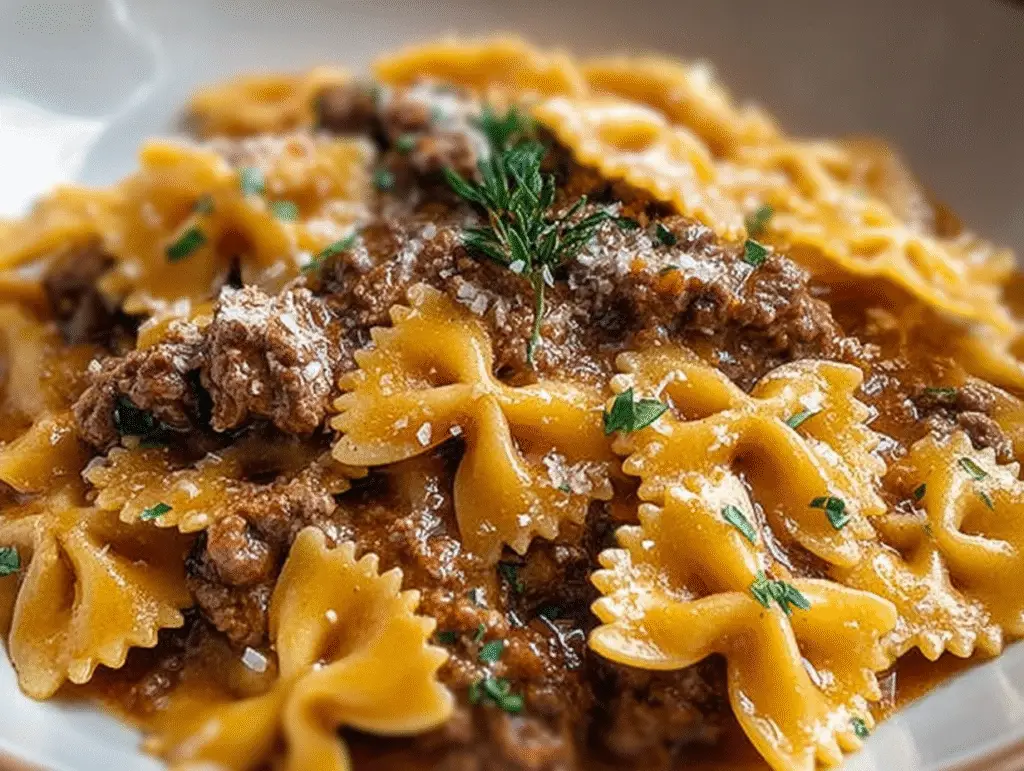 Garlic Butter Bowtie Pasta with Ground Beef