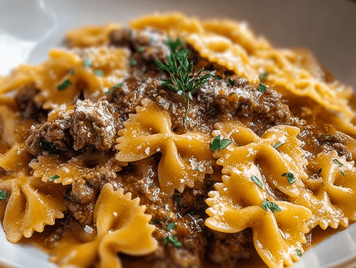 Garlic Butter Bowtie Pasta with Ground Beef