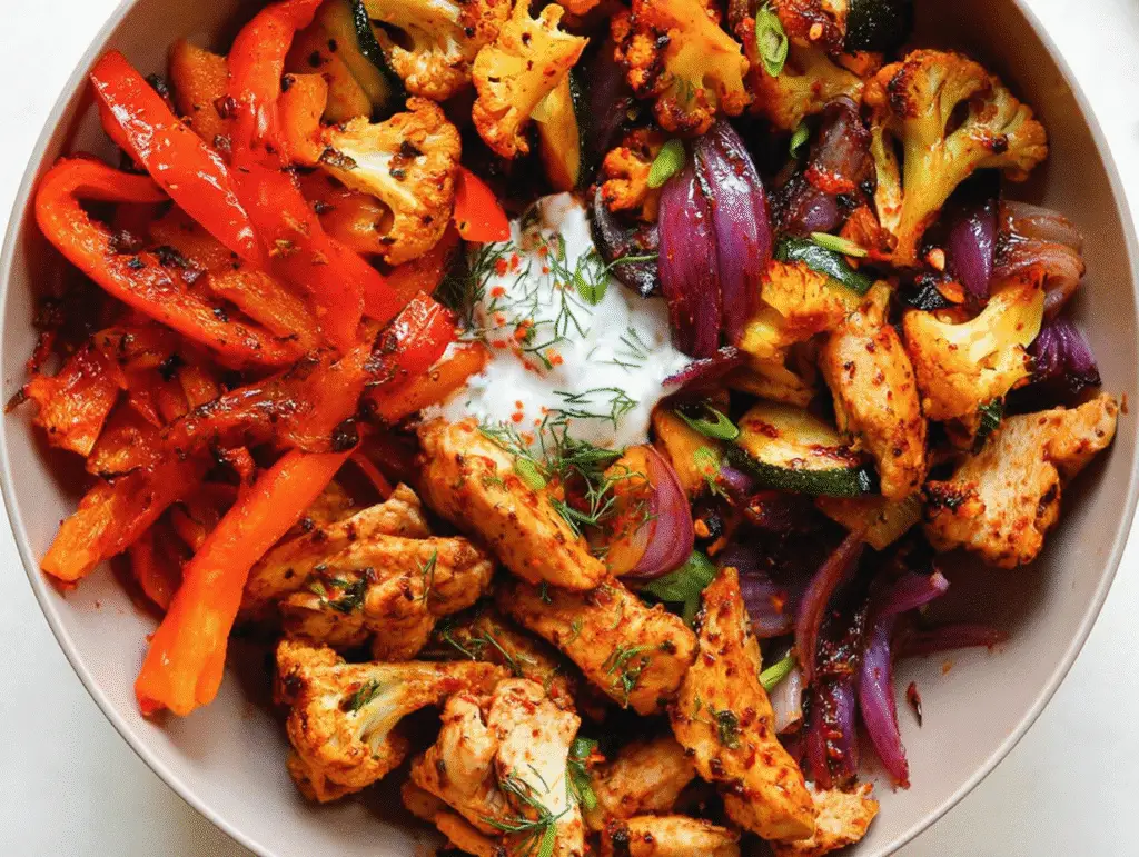 Spicy Chicken and Roasted Vegetables Bowls