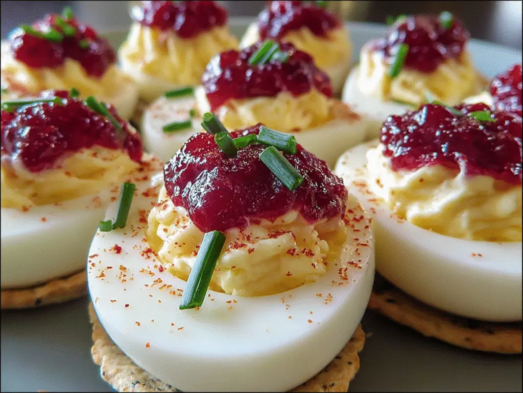 Cranberry Pepper Jelly Cream Cheese Deviled Eggs