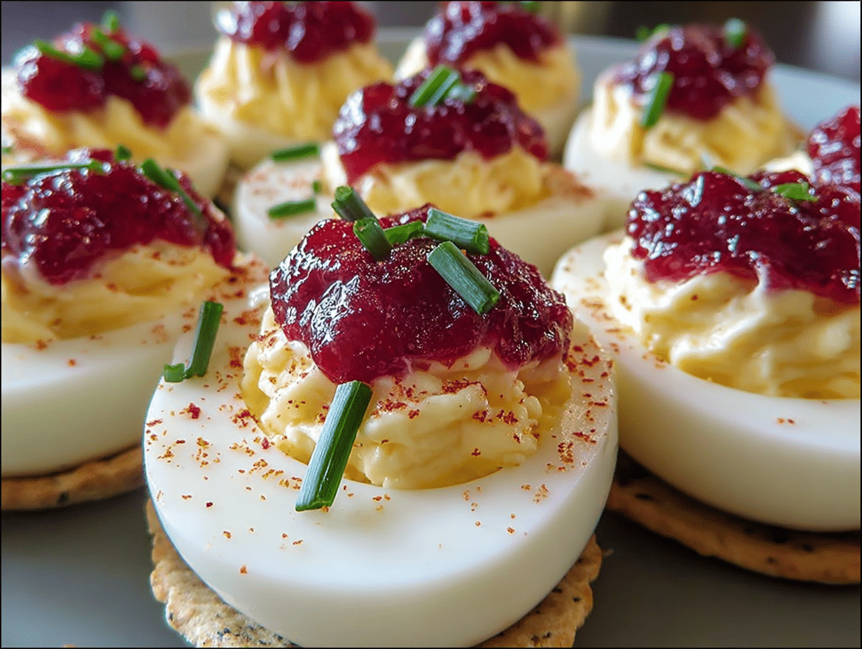 Cranberry Pepper Jelly Cream Cheese Deviled Eggs