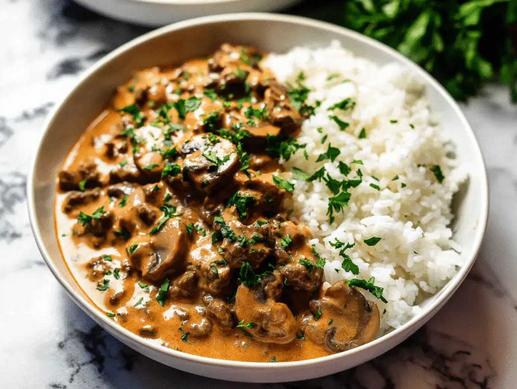 Ground Beef Stroganoff with Rice