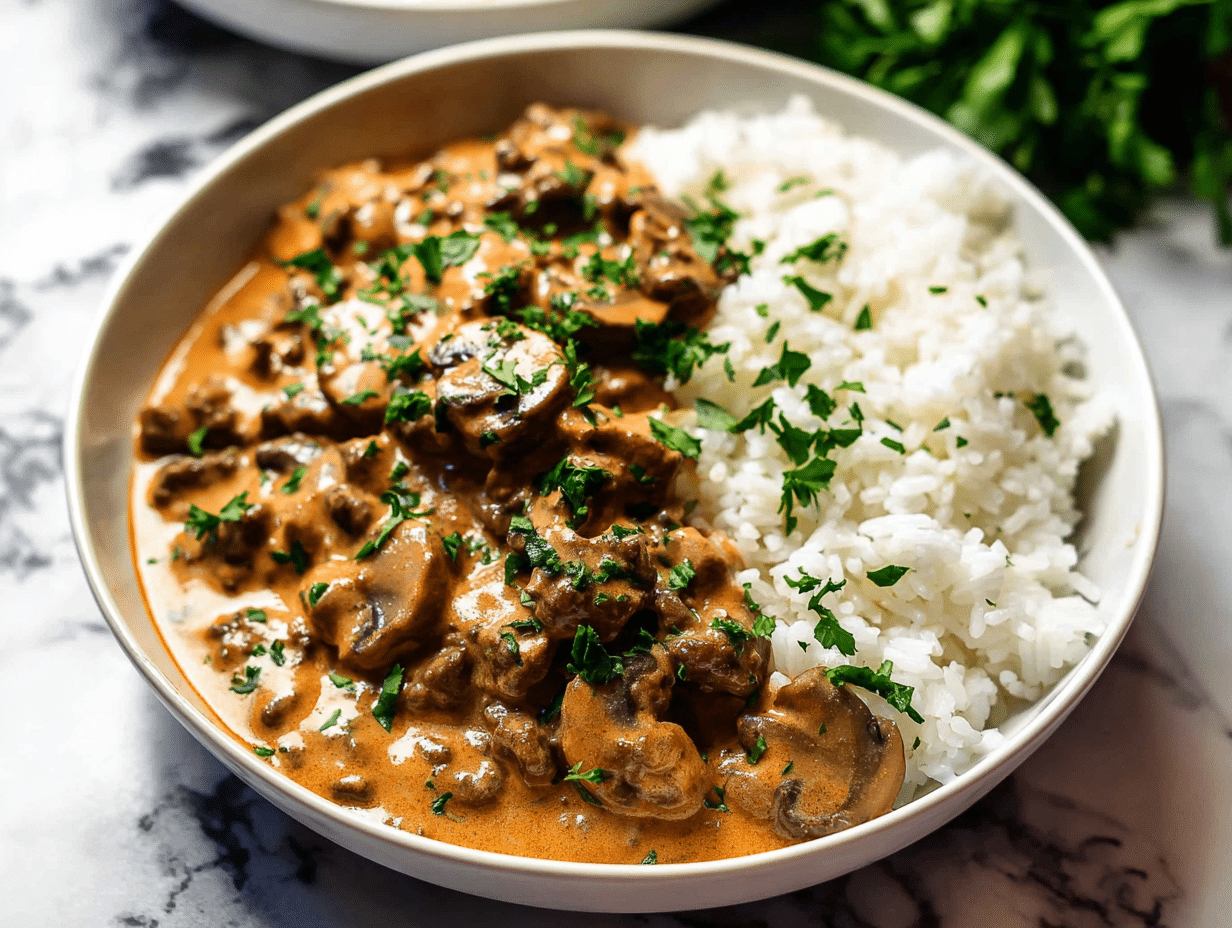 Ground Beef Stroganoff with Rice