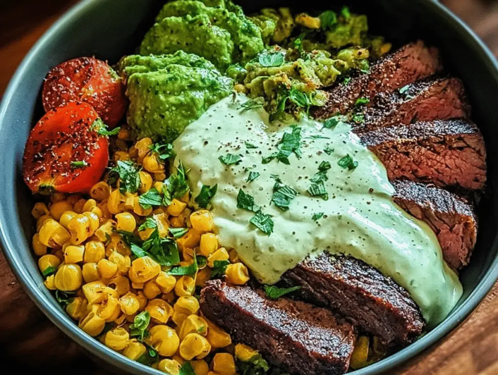 Steak Avocado Roasted Corn Bowl with Cilantro Cream Sauce