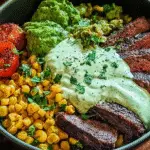 Steak Avocado Roasted Corn Bowl with Cilantro Cream Sauce