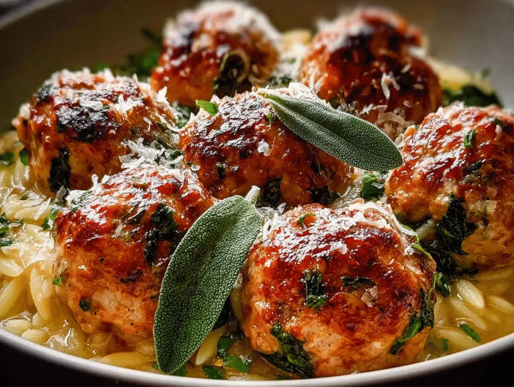 Baked Sage Chicken Meatballs with Parmesan Orzo