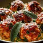 Baked Sage Chicken Meatballs with Parmesan Orzo