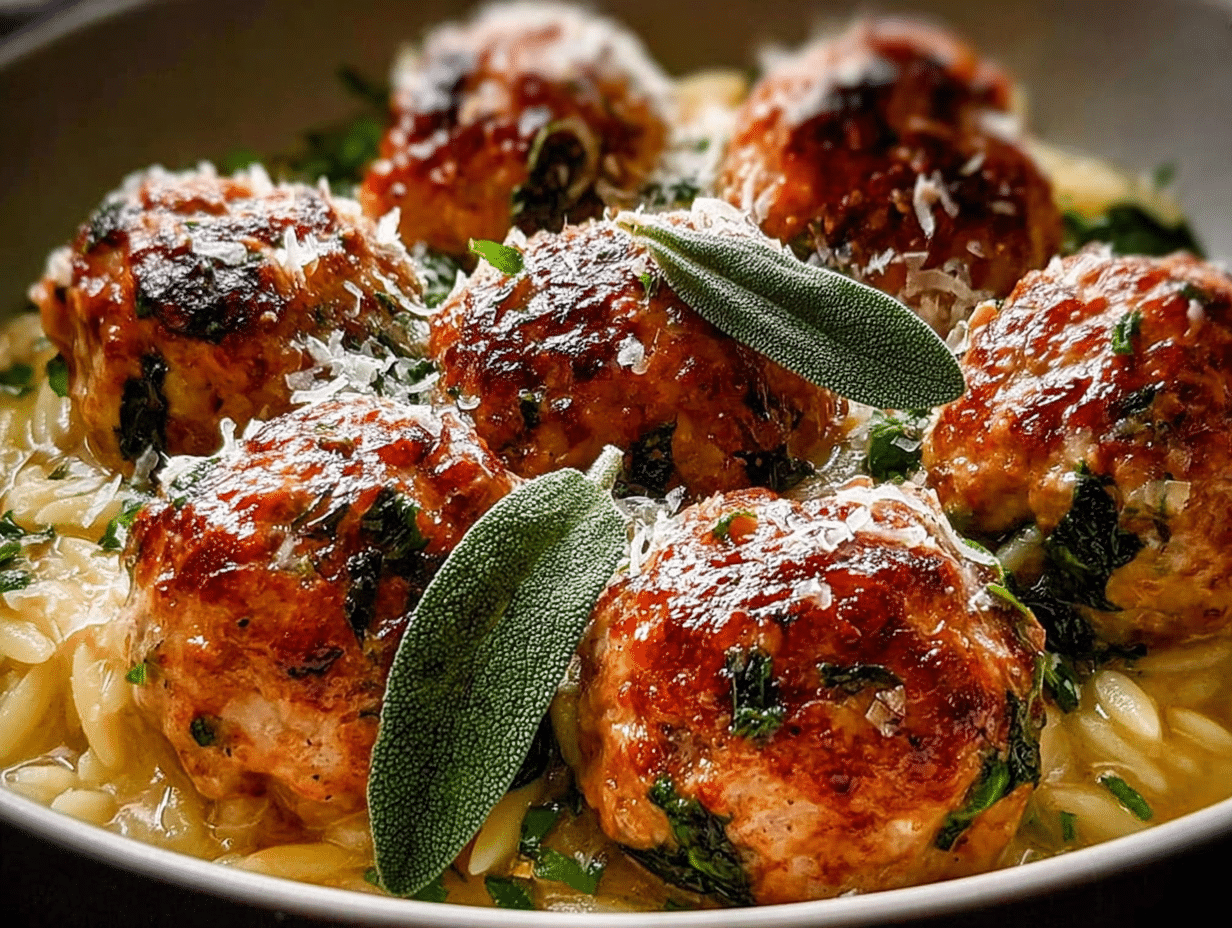 Baked Sage Chicken Meatballs with Parmesan Orzo