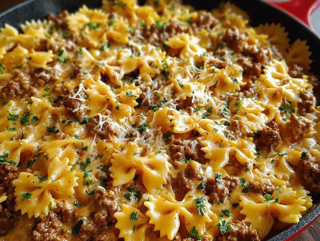 Cheesy Bowtie Pasta with Savory Cajun Ground Beef in Garlic Cream
