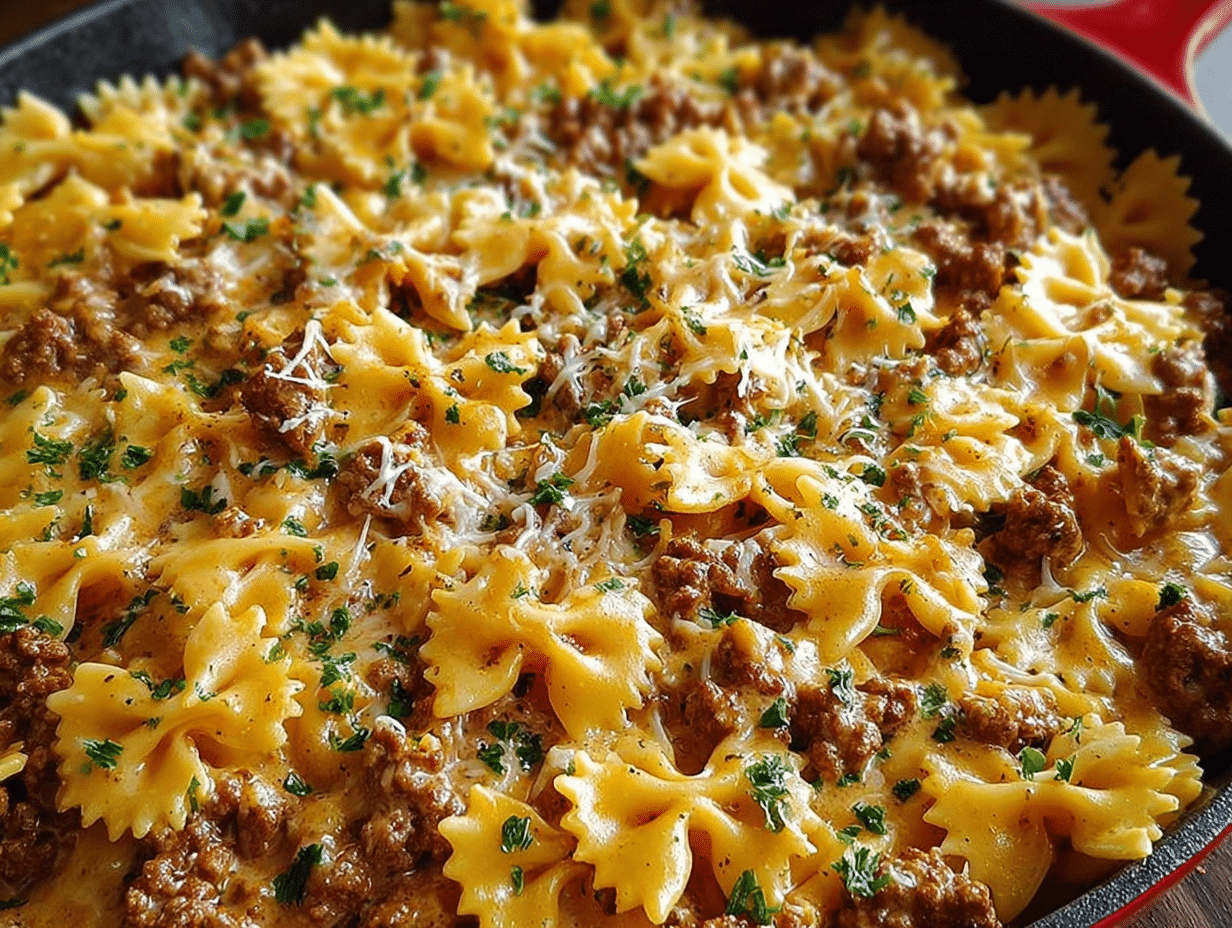 Cheesy Bowtie Pasta with Savory Cajun Ground Beef in Garlic Cream