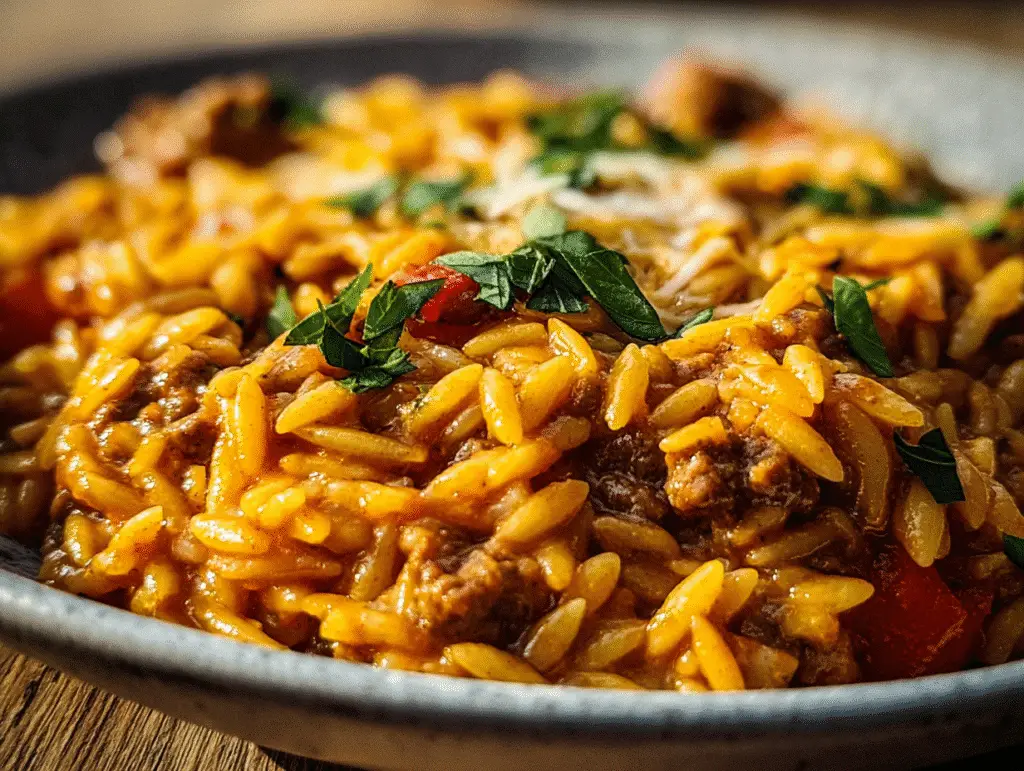 Cheesy Ground Beef Orzo