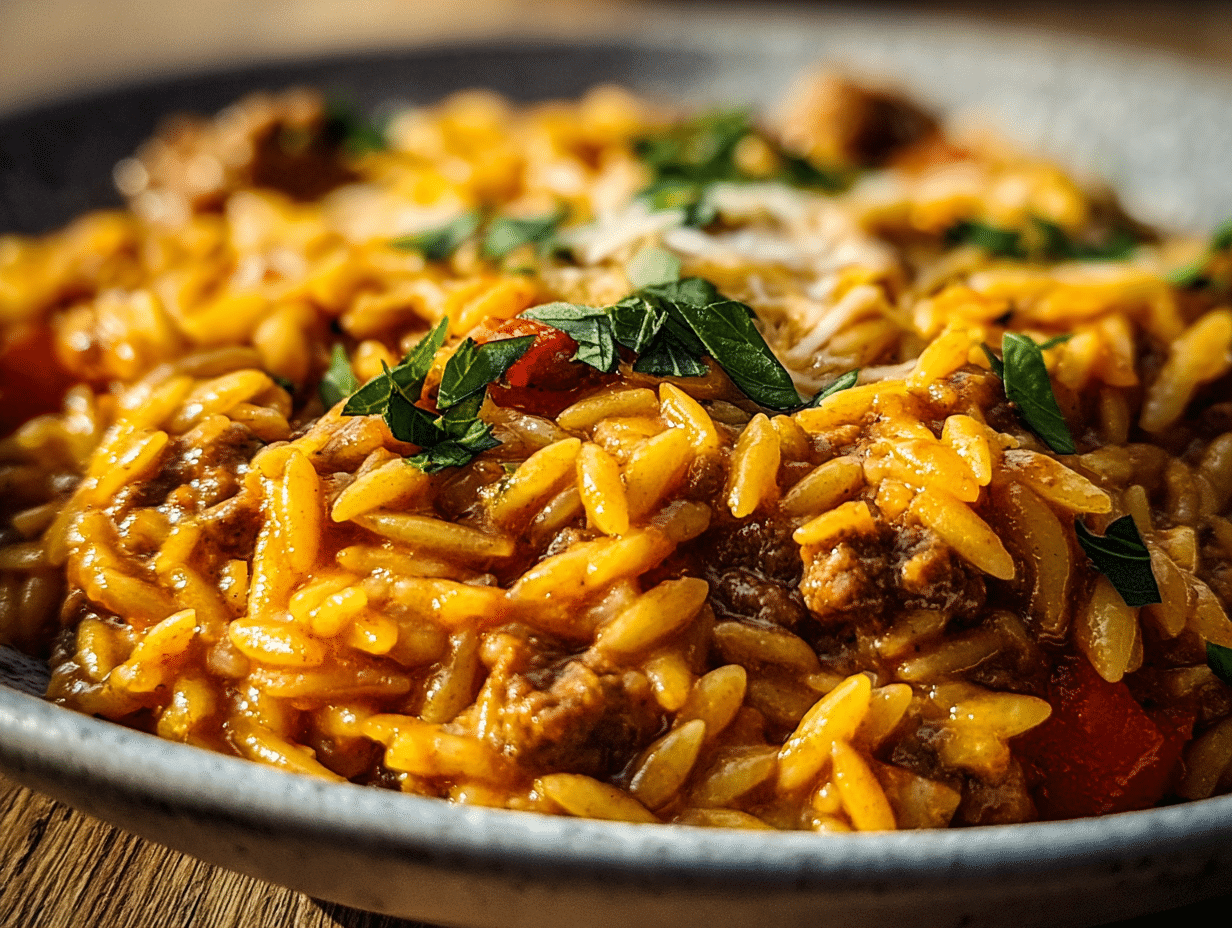 Cheesy Ground Beef Orzo