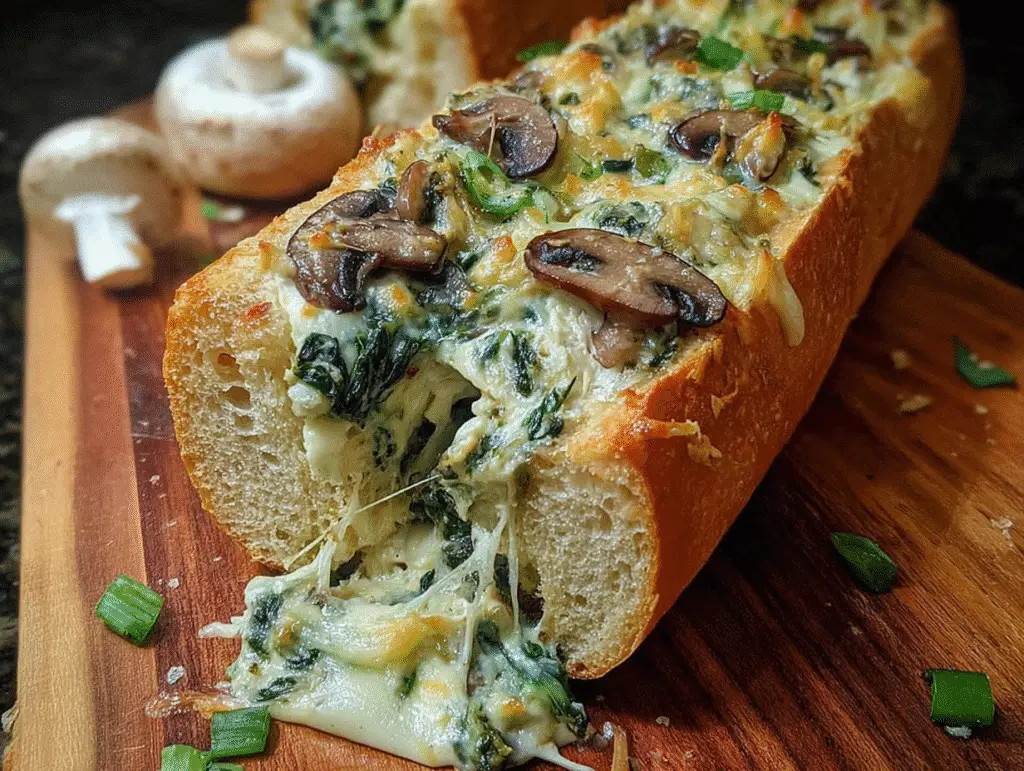 Cheesy Spinach Artichoke & Mushroom Stuffed Baguette