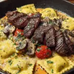 Creamy Tomato Mushroom Ravioli with Seared Steak