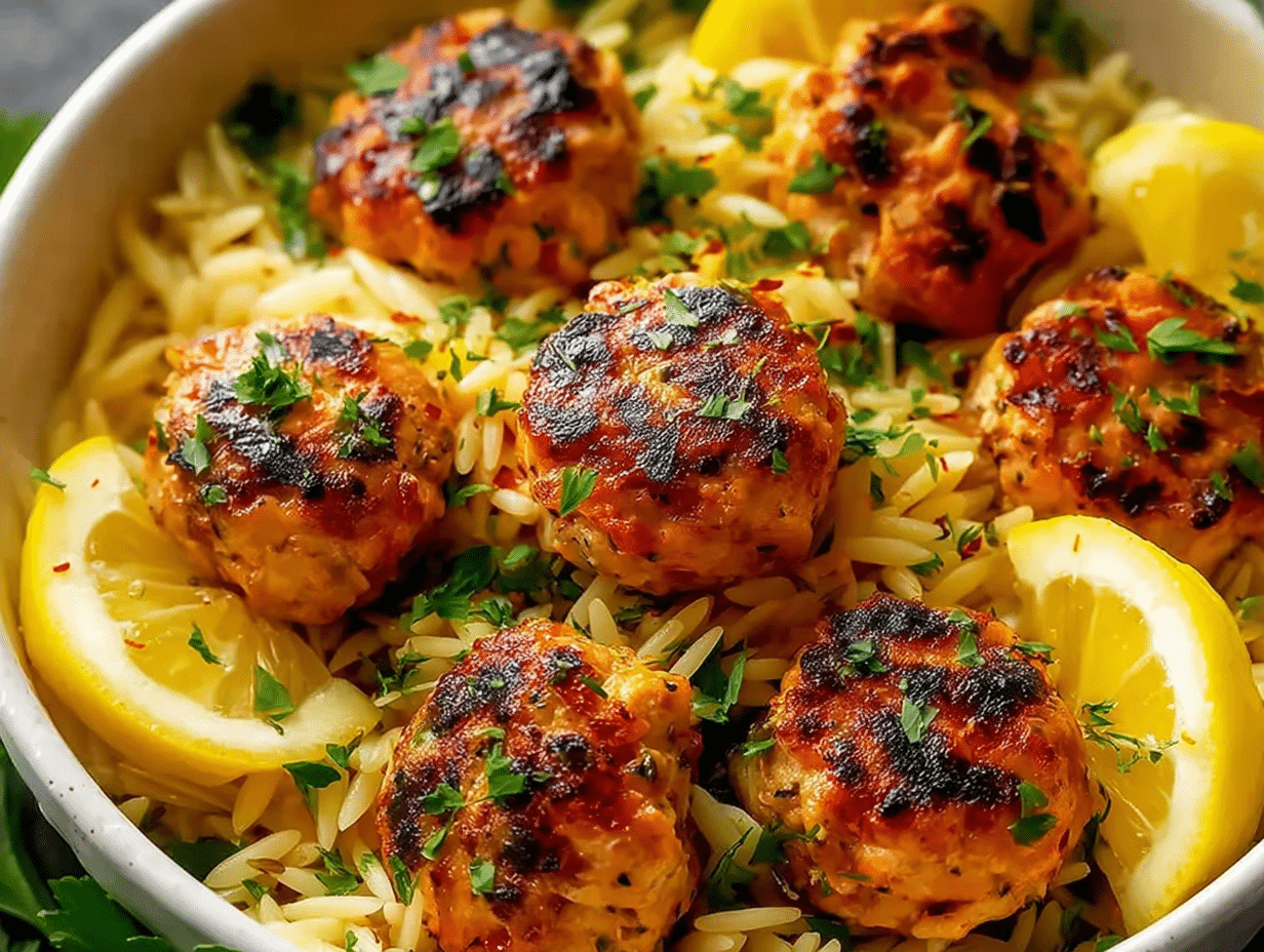 Greek Chicken Meatballs with Lemon Orzo