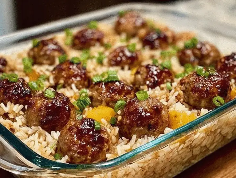 Honey Garlic Meatball Rice Bake