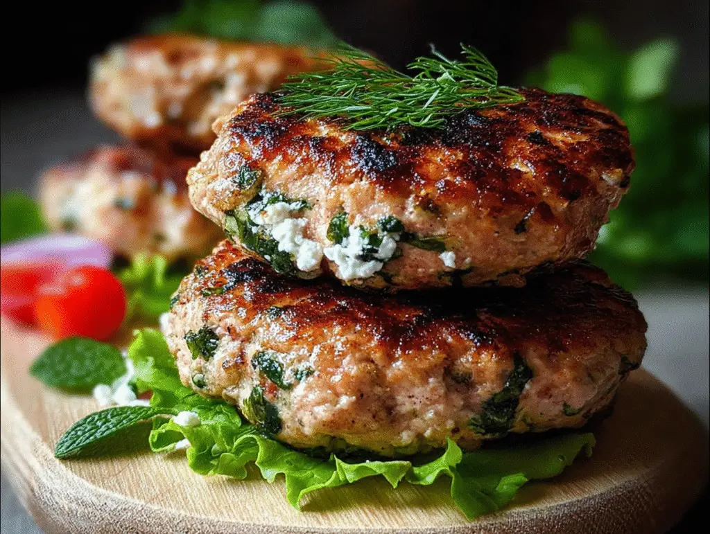 Mediterranean Greek Chicken Burgers with Herbs and Feta