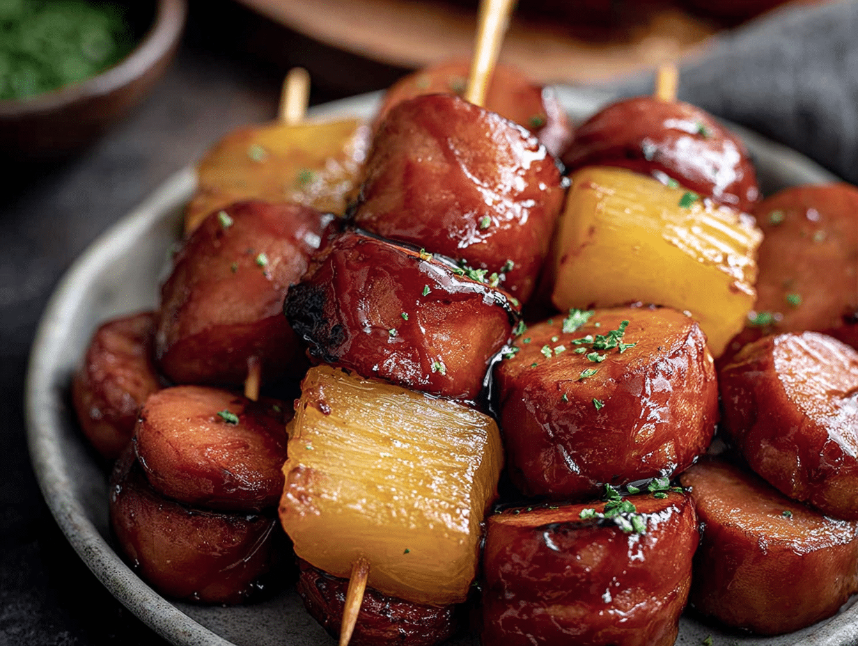 Pineapple Kielbasa Bites with BBQ or Teriyaki Glaze