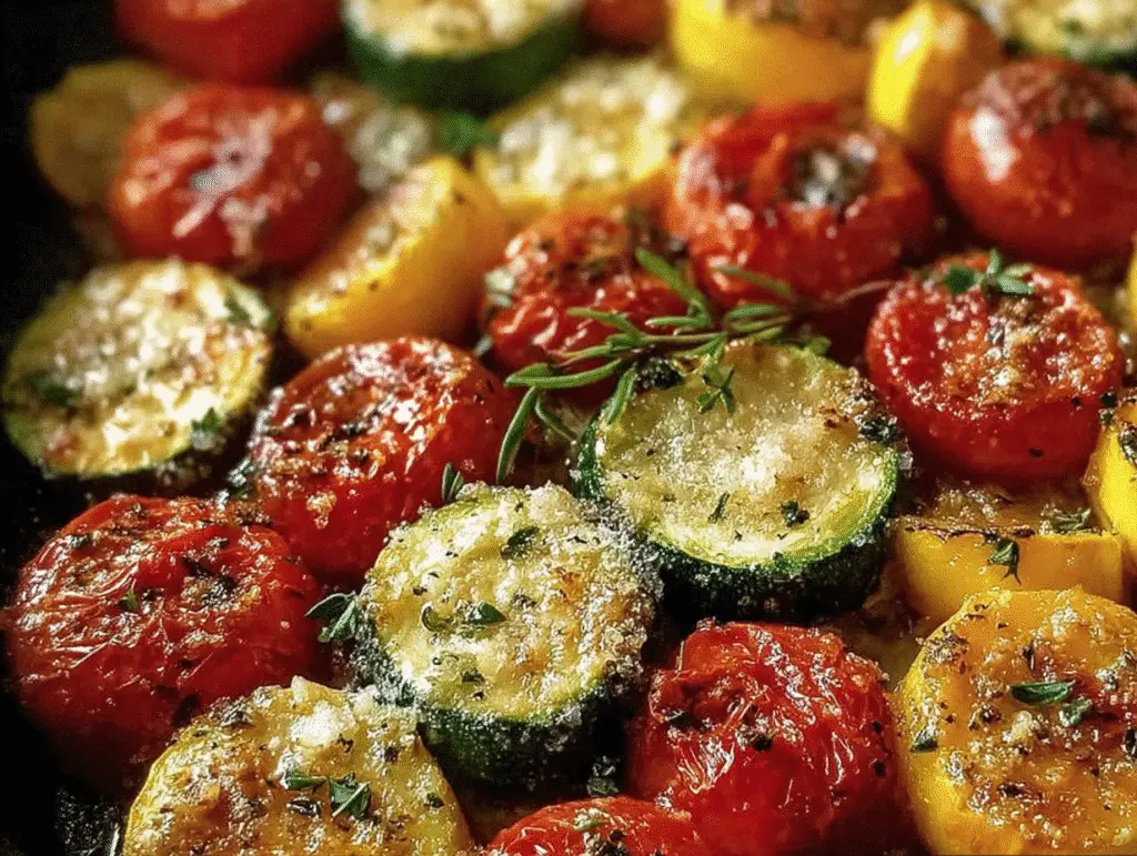 Roasted Garlic-Parmesan Zucchini, Squash and Tomatoes