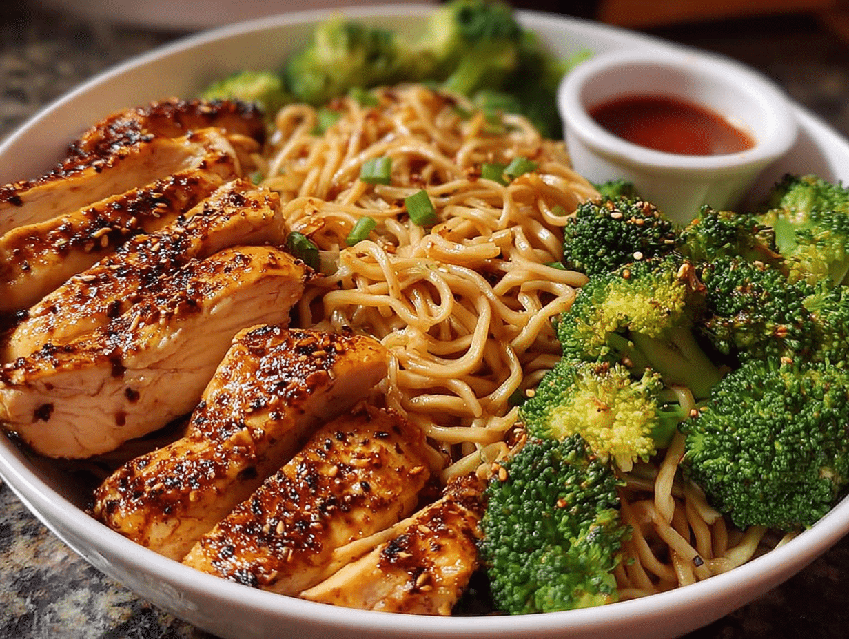 Spicy Garlic Chicken and Broccoli Noodle Bowls