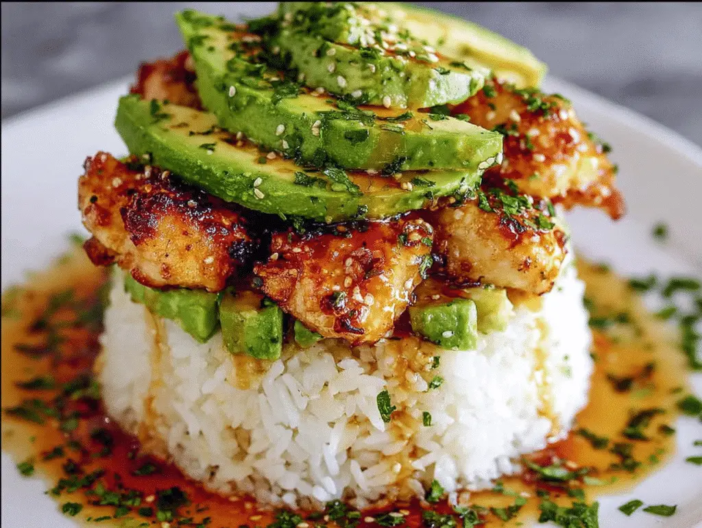 Tangy Honey Lime Chicken & Avocado Rice Stack