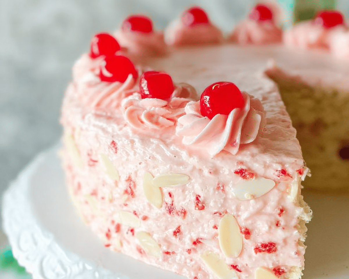 Almond Cake with Maraschino Cherry Buttercream Frosting