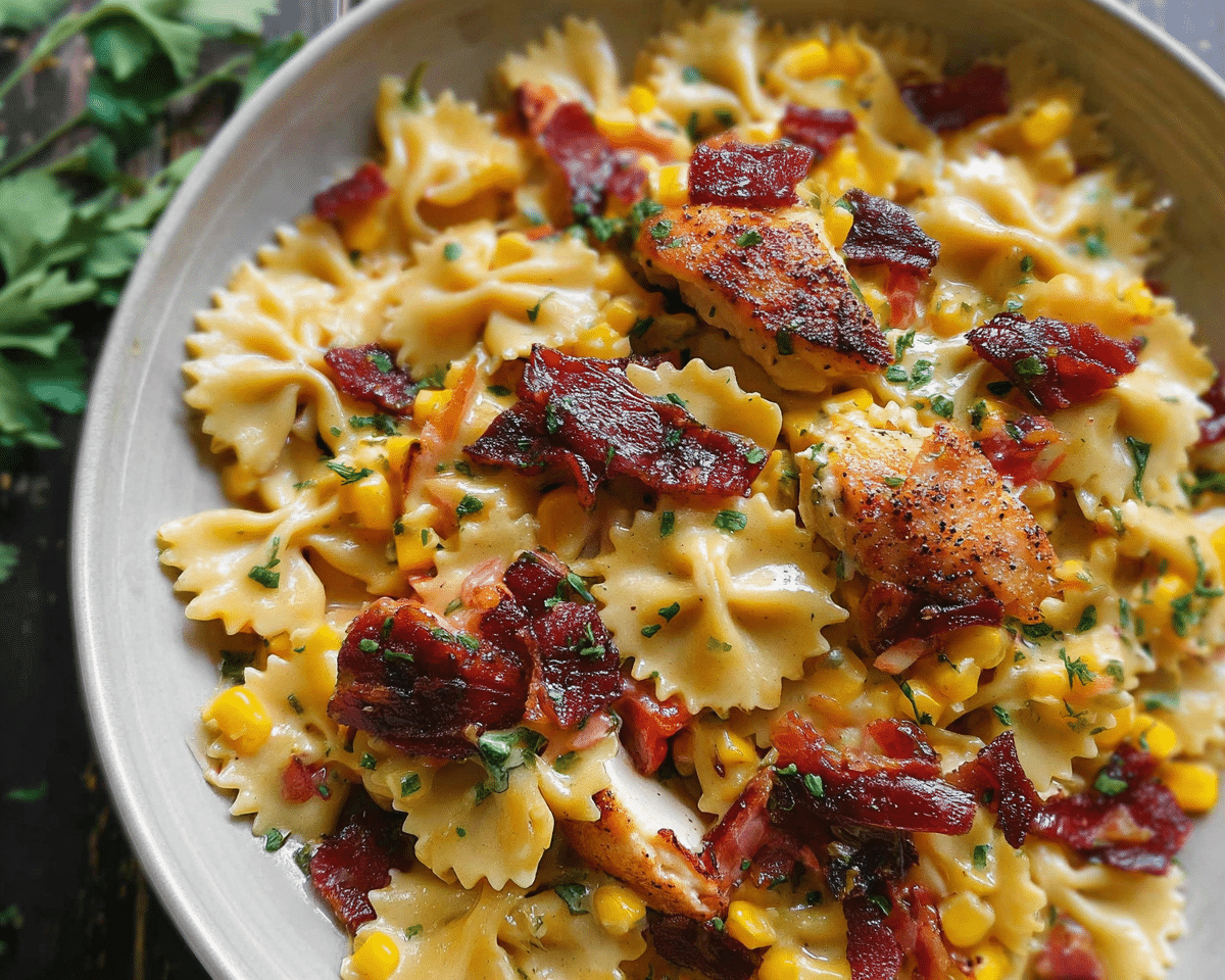 Chicken and Corn Pasta with Bacon For Spring Dinner