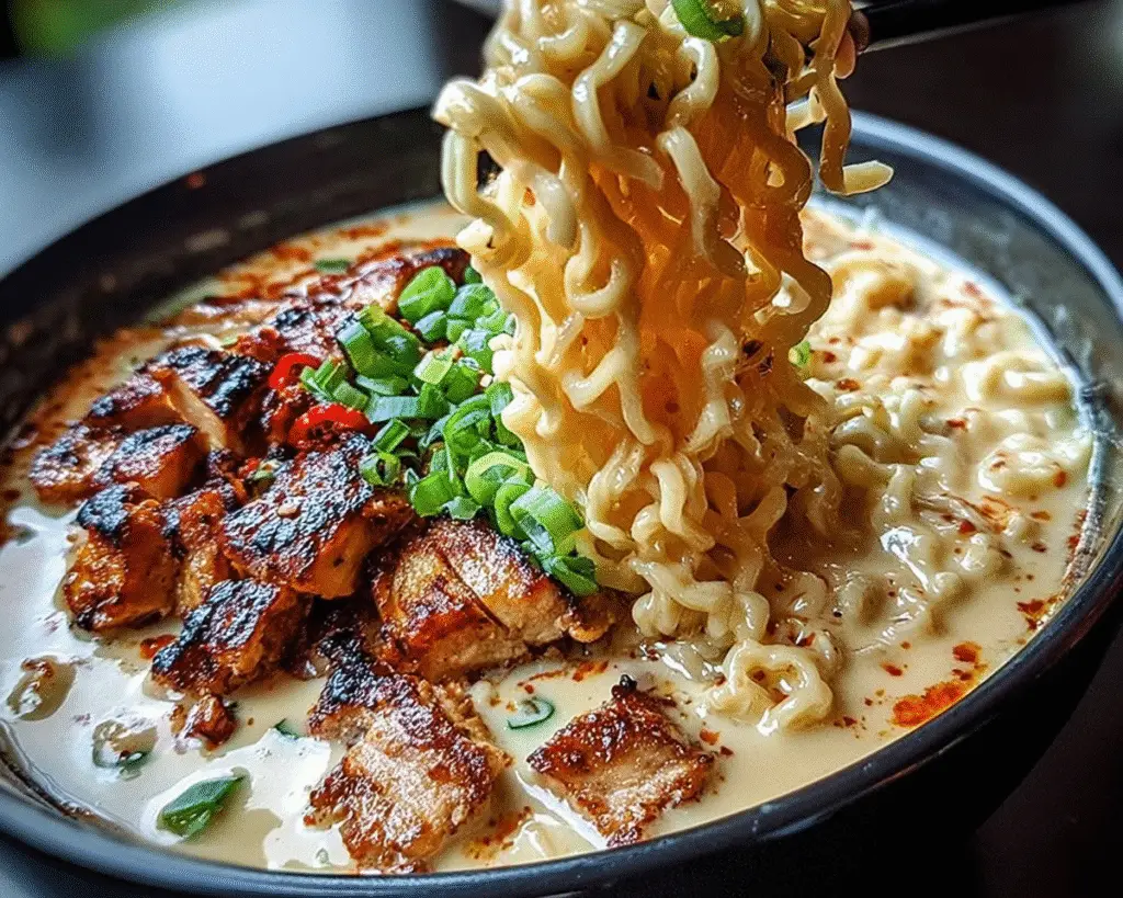 Fiery Chicken Ramen with Creamy Garlic Sauce For Spring Dinner