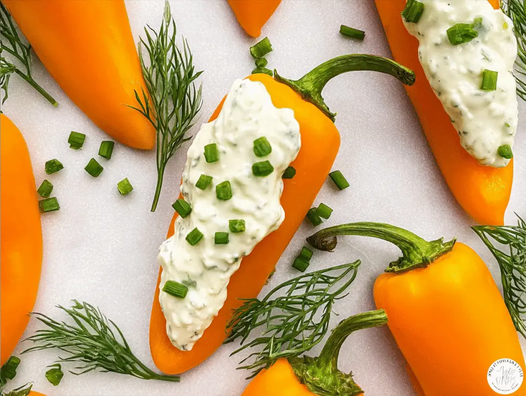 Mini Orange Peppers as Carrots with Zesty Cream Cheese Spread