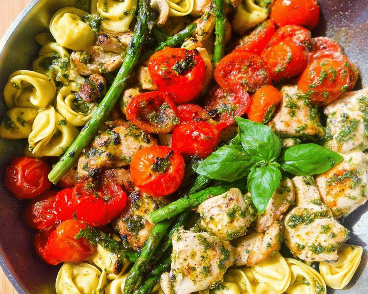 One-Pan Pesto Chicken Tortellini and Veggies For Spring Dinner