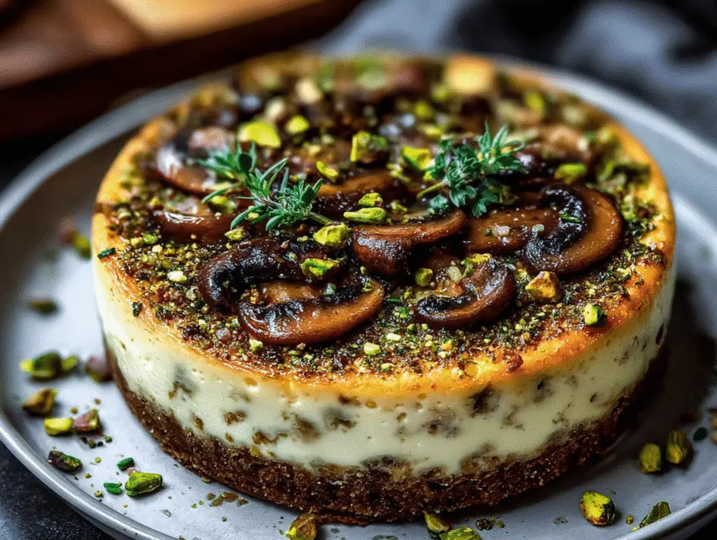 Pistachio and Mushroom Cheesecake with Feta & Parmesan Crust