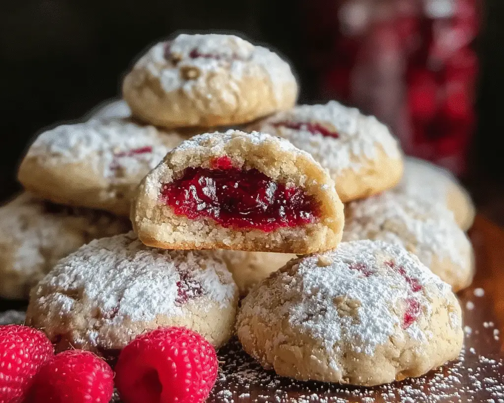 Raspberry-Filled Almond Snowball Cookies