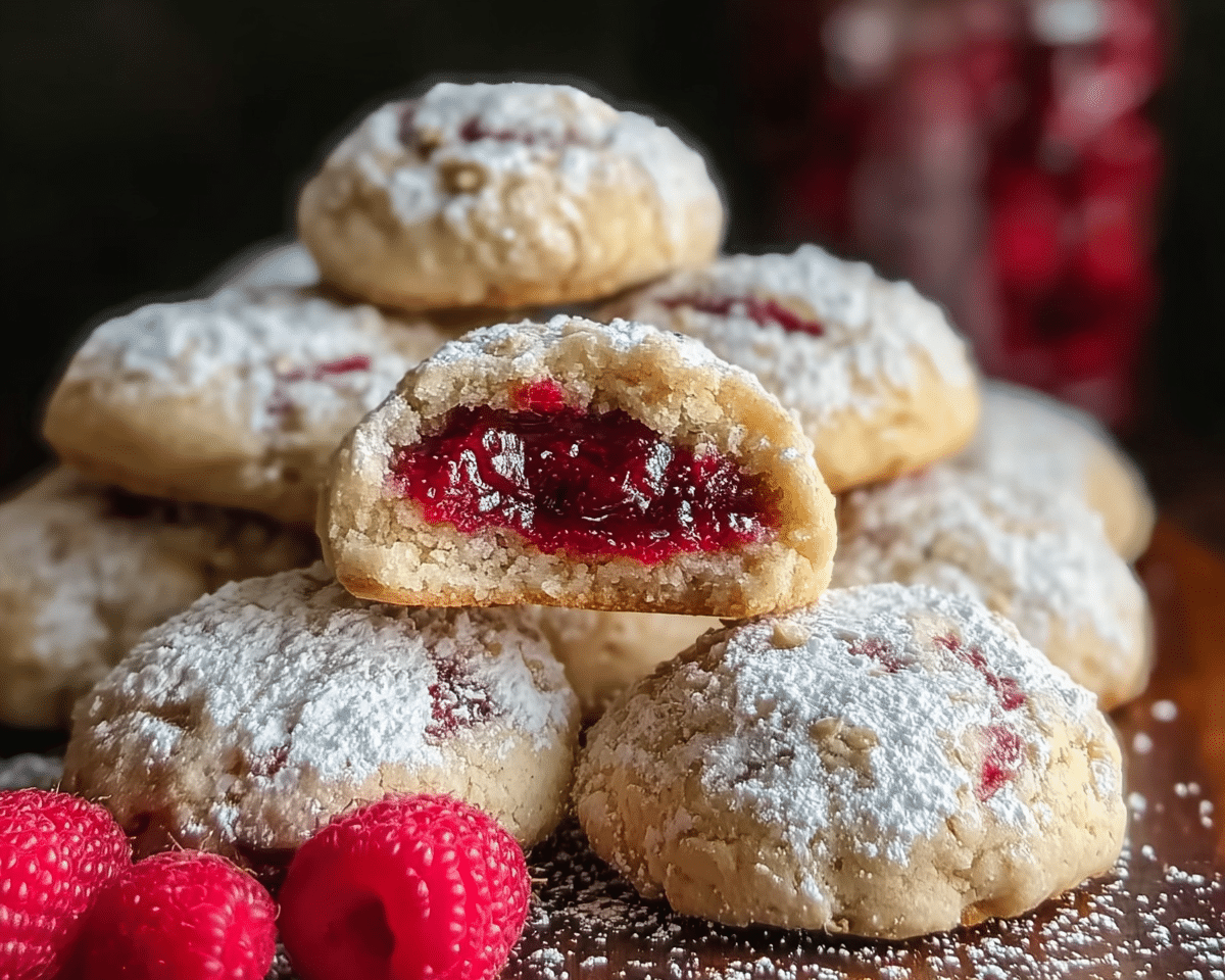 Raspberry-Filled Almond Snowball Cookies