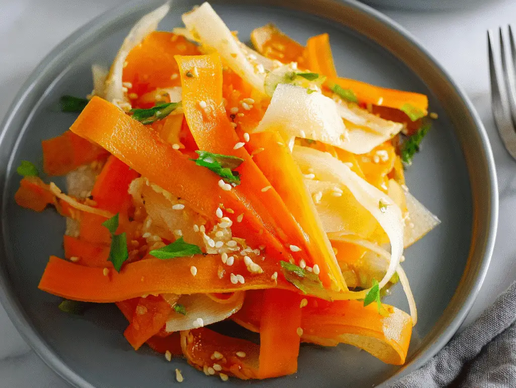 Shaved Carrot and Daikon Salad with Sesame Ginger Dressing
