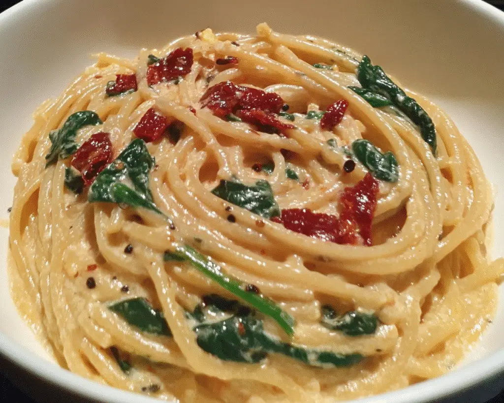 Spaghetti & Spinach with Sun-Dried Tomato Cream Sauce For Spring Dinner