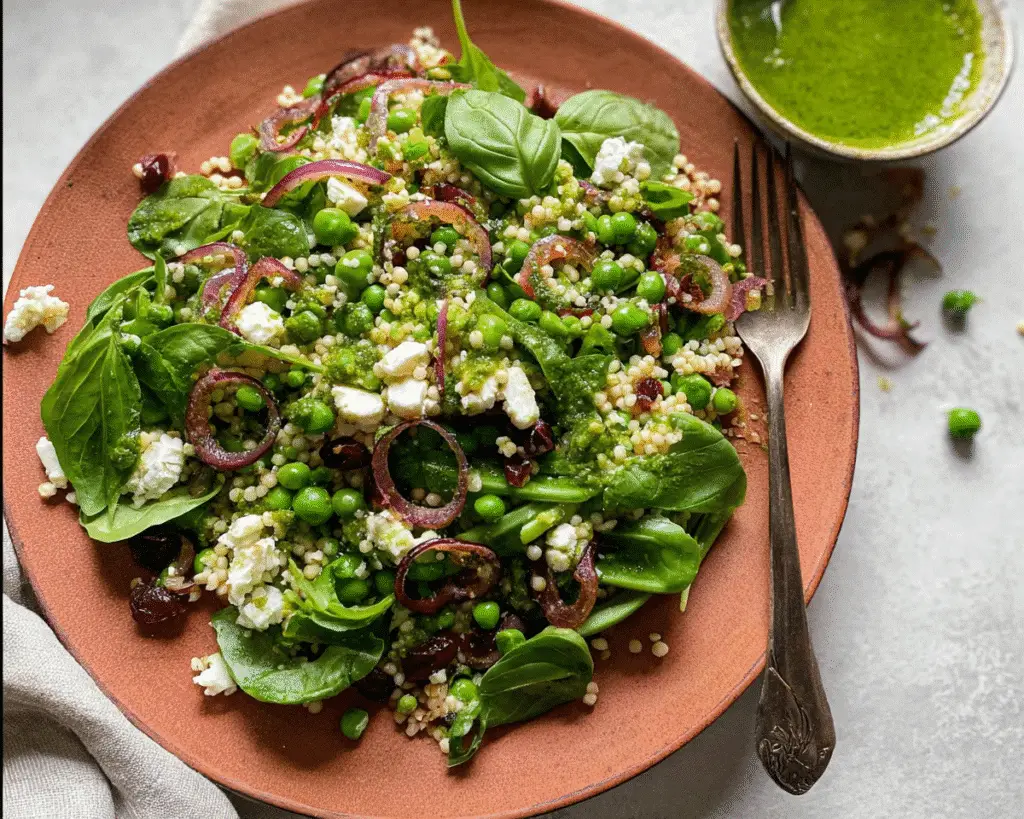 Spring Pea Feta Couscous Salad with Basil Vinaigrette